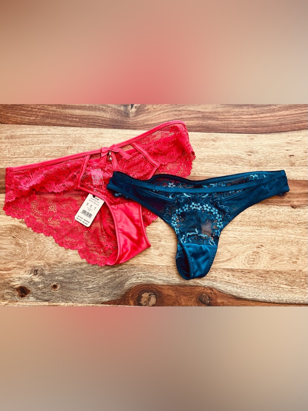 Bras N Things Red Lace Bikini & Teal Lace-Trim Thong